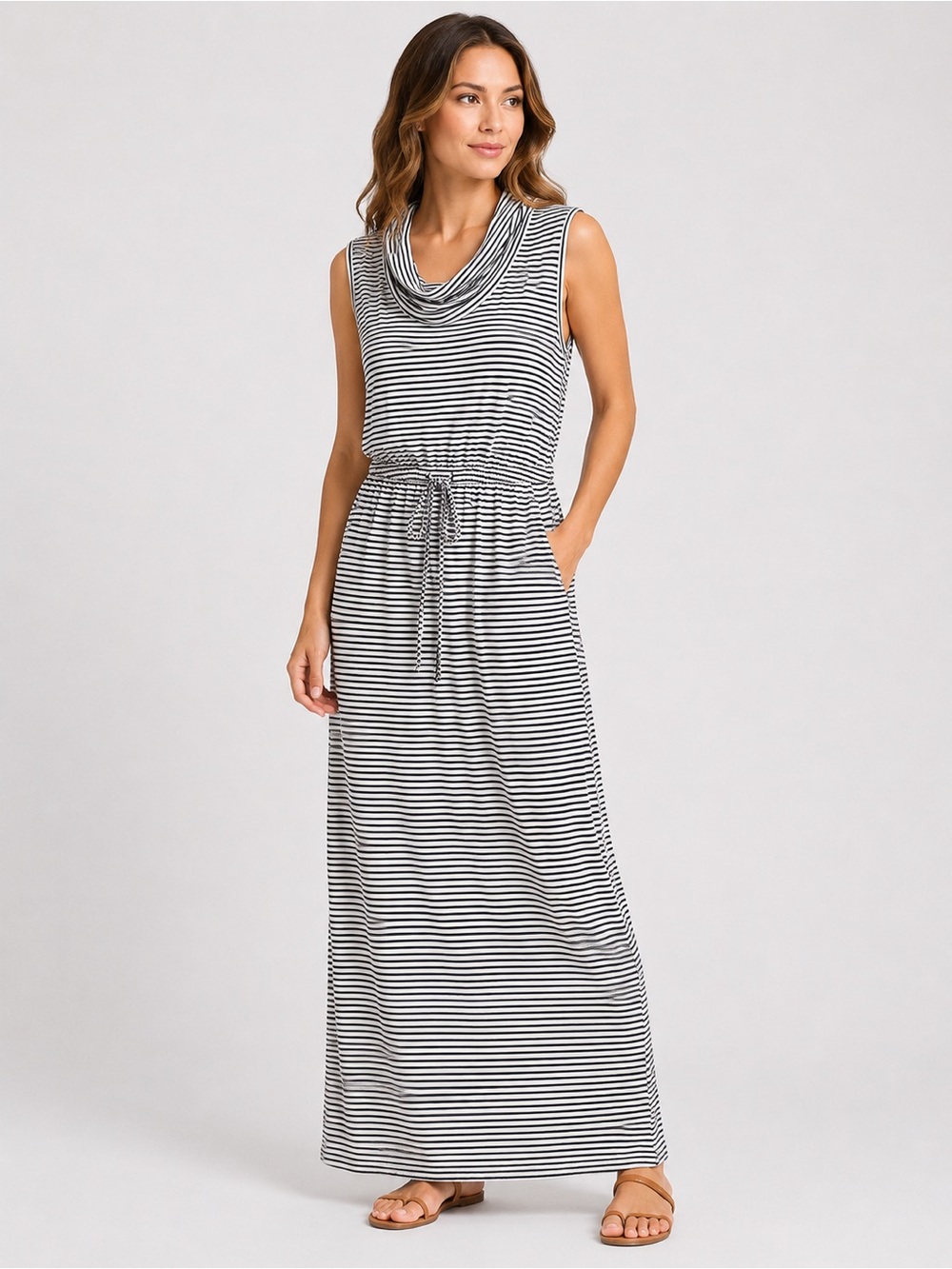 Sleeveless Cowl Neck Striped Maxi Dress - Black & White